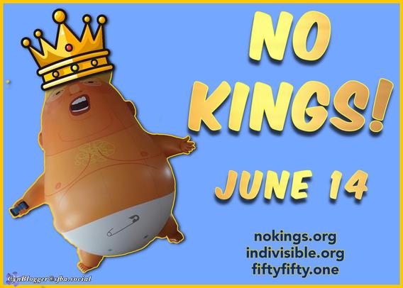 The familiar “Baby Trump” wearing a jeweled crown, floating in a cloudless blue sky. 
Text reads, “NO KINGS!  June 14”  “nokings.org   Indivisible.Org    Fiftyfifty.one”