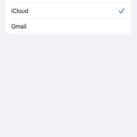 A settings menu showing two options: "iCloud" (selected) and "Gmail."