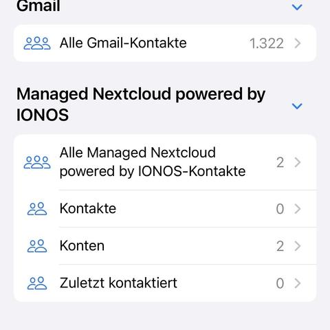 The image displays a user interface for managing contacts, including categories for Gmail and IONOS-managed Nextcloud. It shows the number of contacts in each category, with Gmail having 1,322 contacts and IONOS-managed Nextcloud showing various sub