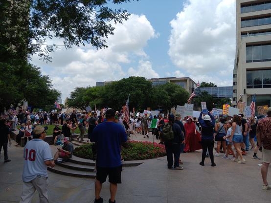 Crowd of people on west 7th street sidewalks waving signs, banners, etc.