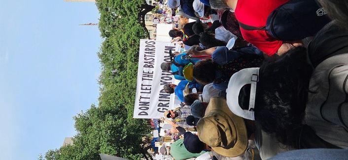 Sign held up above crowd at protest that reads, "DON'T LET THE BASTARDS GRIND YOU DOWN." In the foreground, lots of people standing close together. In the background, trees, blue sky, and an American flag are visible.