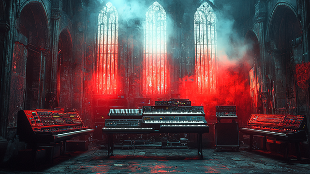 Cathédrale Synthétique.
Salle gothique transformée en sanctuaire de synthétiseurs vintage, baignée de brumes rouges et d'une lumière sacrée.
Gothic hall turned into a shrine of vintage synthesizers, bathed in red mist and sacred light.