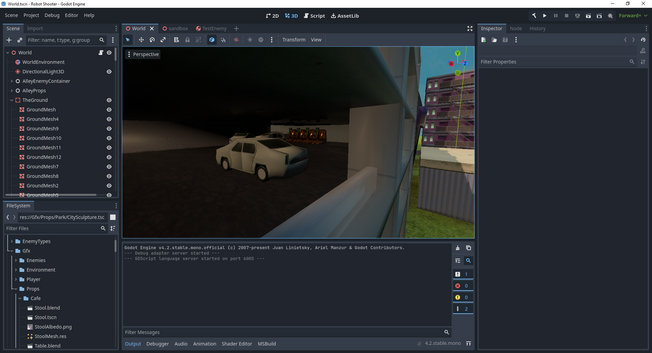 Screenshot of Godot editor showing the interior of a parking garage with some orange robots and a white car inside.