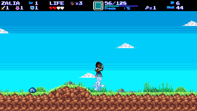 Zalia, standing on top of a goblin that appears to have been frozen. The HUD showing the active spell as something called "Freeze" seems to confirm this.