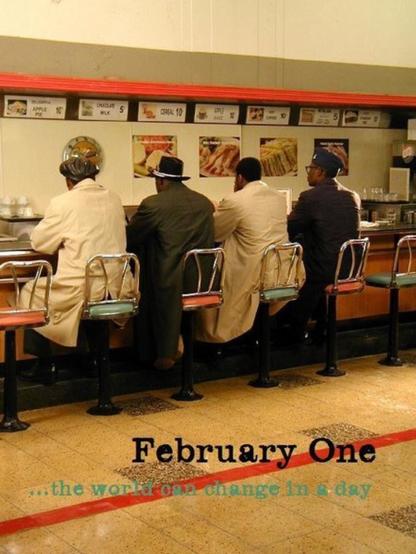 Poster for the 2003 documentary “February One: The Story of the Greensboro Four” showing four Black men sitting at a lunch counter with their backs to us