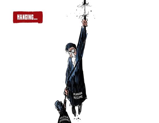 The image is a political cartoon featuring two figures. The larger figure, labeled "IRANIAN REGIME," is depicted hanging from a noose, with a serious expression and wearing a dark suit. The smaller figure, labeled "POLITICAL DISSIDENT," is positioned below, holding onto the larger figure's leg. The background is plain white, emphasizing the figures. The text "HANGING..." is prominently displayed in the top left corner in a red box. The overall tone of the image is critical, suggesting a commentary on the Iranian regime's treatment of political dissidents.
