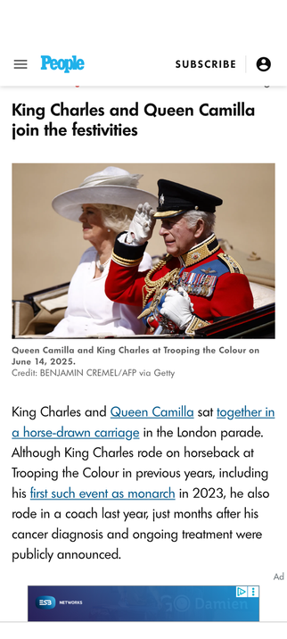 A screenshot of a news website showing  Charles Mountbatten-Windsor, and his wife, riding in a coach