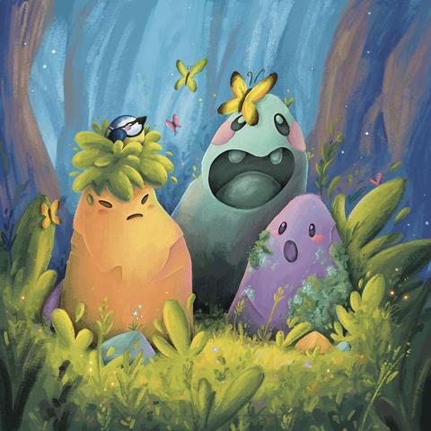 Digital illustration: 
In a forest clearing, three magical, sentient stones are gathered together. The one in the center, an aqua blue colorée rock with rosie cheeks, is looking up, with a big green on its face, at a big yellow butterfly that landed on its head.
 On its left, an orange stone with a grassy hairdo looks unimpressed as a blue tit seems to be nesting on its head, comfortably settled in the grass. 
On the right, the smallest stone, purple and partly covered in lichen, looks at the bird with fascination. 
They are surrounded with thick and textured grass and plants, butterflies playing around them.