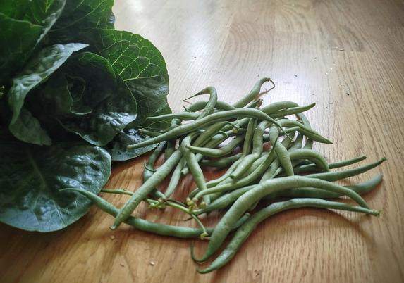 À gauche, feuilles de salade romaine.
Au milieu, des haricots princesses posés en vrac sur le sol en bois.