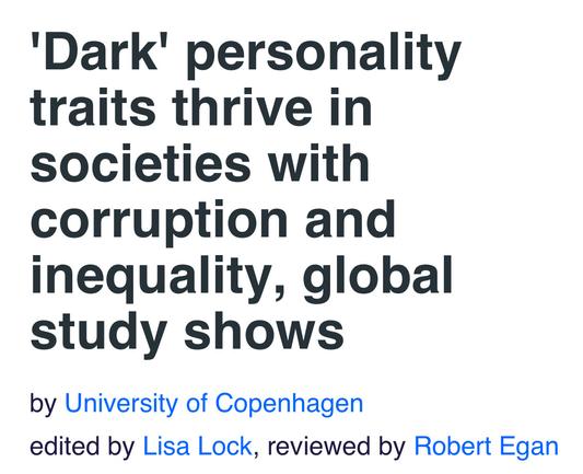 ‘Dark’ personality
traits thrive in
societies with
corruption and
inequality, global
study shows

by University of Copenhagen

edited by Lisa Lock, reviewed by Robert Egan