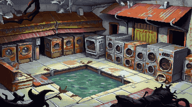 Pixel art of a forgotten lung, breathing only rust and regret, where hulking metal beasts slumber in a green-sickened sleep, their portholes like clouded eyes staring into a past swallowed by grime. The floor, a fractured mosaic of turquoise and decay, cradles a stagnant pool, a mirror reflecting the dim light as if holding a secret sorrow. A cryptic sign whispers from the wall, a ghost of purpose lost to the creeping tendrils of corrosion, while a network of pipes, like petrified veins, spiderwebs across the ceiling, weeping stains of forgotten industry. The air hangs thick with the scent of dissolved metal and the weight of silence, punctuated only by the imagined groan of ancient machinery, and a creeping organic mass, a dark promise of reclamation, pushes against the periphery, a silent invasion of the inorganic shell.