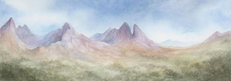 watercolour painting of some purple moutnains coming up from a green forest