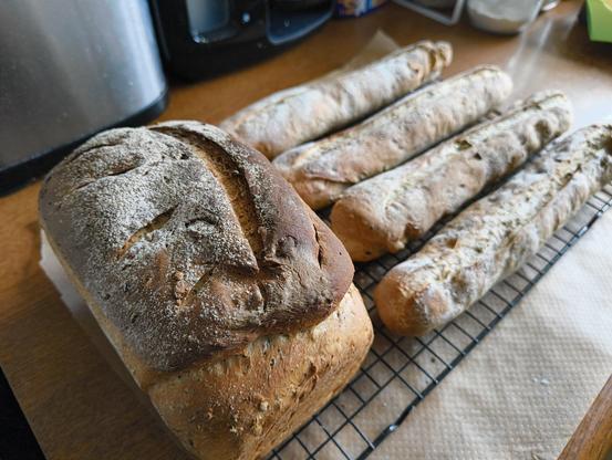 A multigrain loaf and four baguettes with a crusty, flour dusted top.