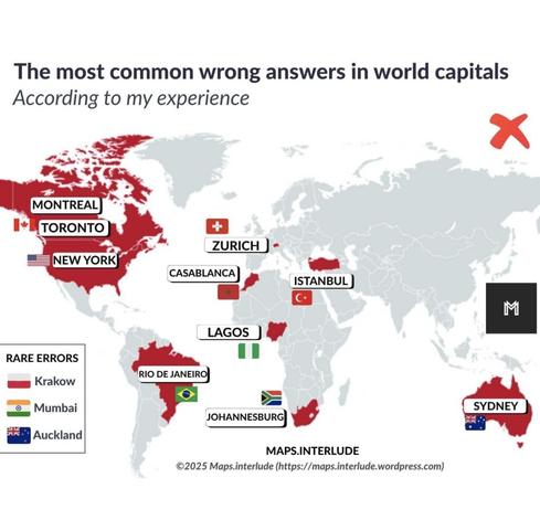 The most common wrong answers in world capitals