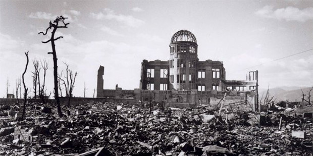 Black and white photo of Hiroshima after the US dropped the atomic bomb
