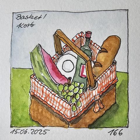 Aquarell: Korb mit Weintrauben, einem Stück Wassermelone,  eine Flasche Rotwein und Baguette sowie zwei Tellern. Der Korb hat ein rotkariertes Stoffinlay. Er steht auf einer grünen Wiese.