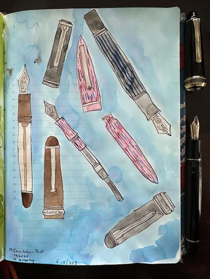 Sketch in sketchbook of various fountain pens with different filling mechanisms