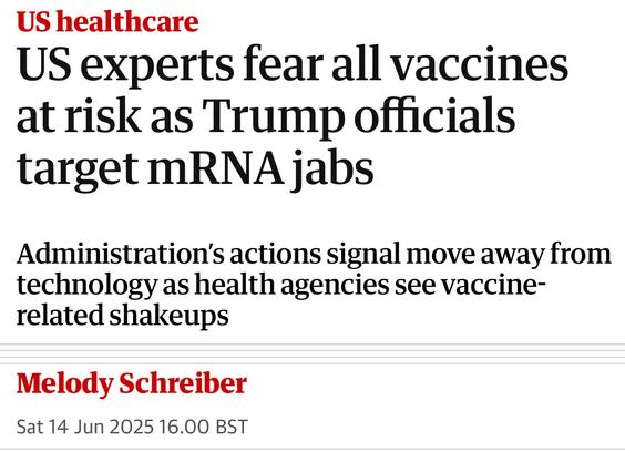 US healthcare

US experts fear all vaccines
at risk as Trump officials
target mRNA jabs

Administration's actions signal move away from
technology as health agencies see vaccine-
related shakeups

Melody Schreiber

Sat 14 Jun 2025 16.00 BST