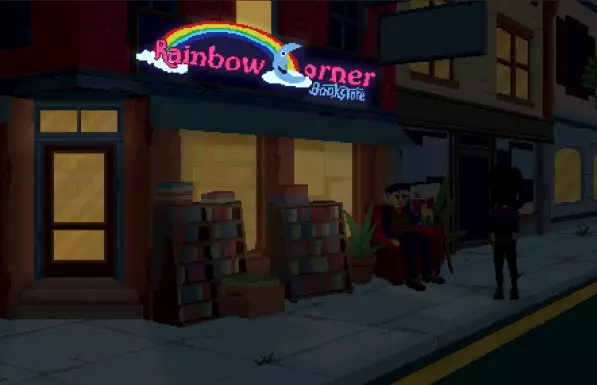 A pixel art night scene... A small town bookstore and a couple people outside the store.