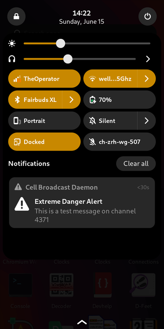 A notification in phosh's notification tray. 

Subject: "Extreme Danger Alert"
Body: "This is a test message on channel 4371"