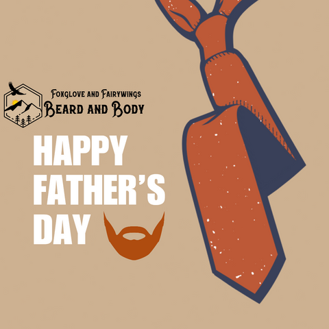 Graphic of an orangr tie stretching from the top of the screen with a fold in the middle with happy father's day written to the side with a orange beard. The foxglove and fairy wings beard and body logo is above the text