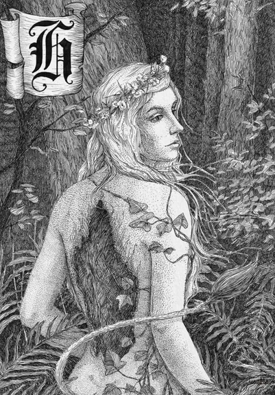 A hulder displays her tail and hollow back. An illustration by CoalRye.