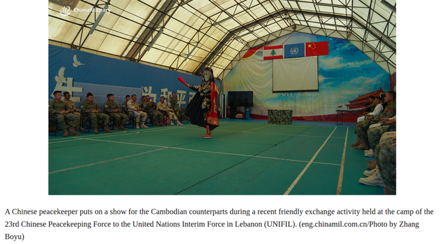 A Chinese peacekeeper puts on a show for the Cambodian counterparts during a recent friendly exchange activity held at the camp of the 23rd Chinese Peacekeeping Force to the United Nations Interim Force in Lebanon (UNIFIL). (eng.chinamil.com.cn/Photo by Zhang Boyu)