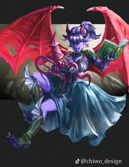 a purple demoness with a long blue dress holding a magic book and a monster squid