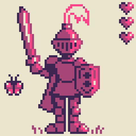 A pixel art Knight standing on grass, with a butterfly nearby.