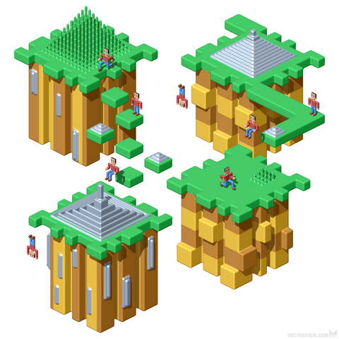 Voxel-style illustration of a 3D platform game level, featuring a running and jumping character.