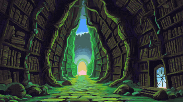 Pixel art of a corridor’s spine, a green vein pulsing through stone and timber, where bookshelves rise like petrified forests, their branches laden with a harvest of crimson, gold, and jade volumes. The floor, a mosaic of jade shards, guides the eye toward a distant arch, a sunlit promise at the corridor’s terminus. Walls curve inward, embracing the path like the ribs of a colossal beast, while scattered boulders nestle at the base of the towering shelves, blurring the line between architecture and earth. Small doorways punctuate the left flank, each a rectangular eye peering out at a landscape beyond, glimpses of a world painted in vibrant hues. Light spills from the far end, a molten river illuminating the textured stone and wood, casting elongated shadows that dance like secrets across the path, a silent language etched in the dust. The air itself seems thick with the scent of aged paper and damp earth, a whispered history held within the stone’s embrace.