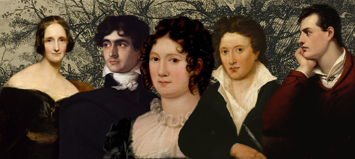 (Left to Right):
Mary Shelley: She wears a dark gown with a bare neckline, consistent with early 19th-century fashion.

Her image likely comes from Richard Rothwell’s 1840 posthumous portrait.

John Polidori: The author of The Vampyre (1819), often considered the first modern vampire story. He appears youthful, with curly dark hair and a romantic expression.

Claire Clairmont: The stepsister of Mary Shelley and mother of Lord Byron’s daughter, Allegra. She is depicted with reddish-brown curls and wearing a modest white dress.

Percy Bysshe Shelley: The radical Romantic poet known for Prometheus Unbound and Ode to the West Wind. He is shown with intense eyes and a loosely worn open shirt and dark coat.

Lord Byron: He is shown in a contemplative pose with his hand to his face, wearing a deep red coat—this mirrors Thomas Phillips’s famous portrait of Byron.