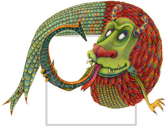 Graphite and colored pencil drawing of a friendly monster with a very large nose, toothy smile, body covered with rainbow colored scales, happily licking its favorite letter - C.