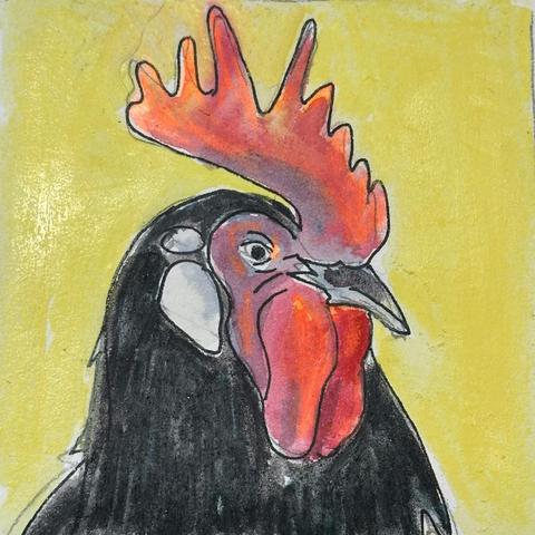 Black rooster with red comb and face against a bright yellow background.