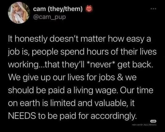 It honestly doesn't matter how easy a job is. People spend hours of their lives working...that they'll *never* get back.

We give up our lives for jobs & we should be paid a living wage. Our time on earth is limited and valuable. It NEEDS to be paid for accordingly.