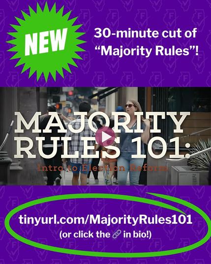 Poster for "Majority Rules 101" documentary with text that reads "NEW: 30-minute cut of Majority Rules! TinyURL.com/MajorityRules101 or click the link in bio"