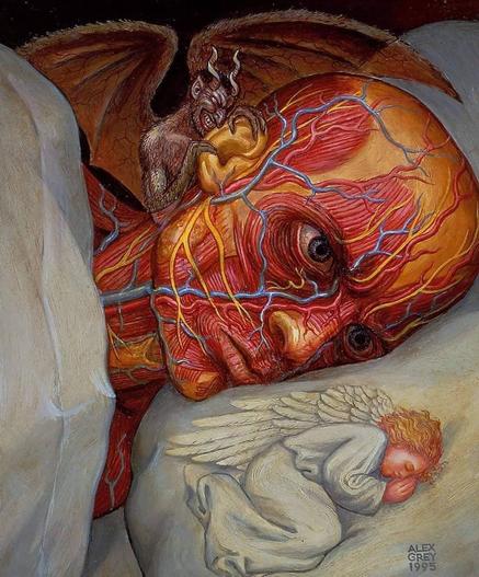 An anatomical image of a head & neck of a person. A devil whispers to his ear while a little angel sleeps  curled up on the pillow next to him