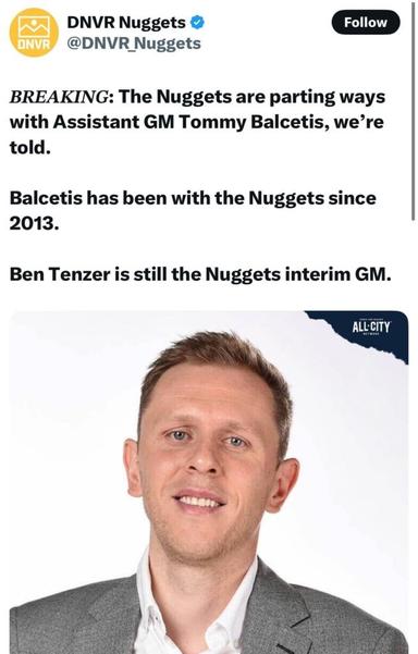 [DNVR] Nuggets will not be retaining Tommy Balcetis; Tenzer still holds Interim position