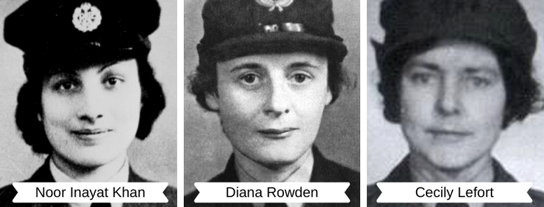 Photos of Noor Inayat Khan, Diana Rowden and Cecily Lefort. Noor is Asian, and the other two are white. All of them are in uniform.