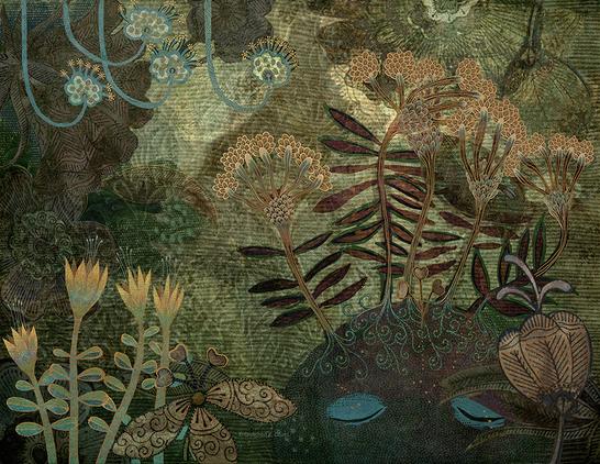 Against a background of swirling greens and golds, silhouettes of abundant flowering plant life blooms. The top of an abstract face in the lower right portion of the painting.