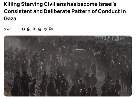 L'immagine mostra un gruppo numeroso di persone che cammina in un ambiente polveroso, probabilmente in una zona colpita da un conflitto o da un disastro. Il testo sovrapposto all'immagine recita: «L'uccisione di civili affamati è diventata il sistematico e deliberato modello di condotta di Israele a Gaza.»