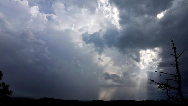 The top of a dead tree thrusts its lifeless trunk with several broken off branches towards the sky, where swirling clouds of darkening gray are devouring the last small patches of blue from all directions. Just a few shrinking shafts of sunlight are now breaking through. A late summer storm is coming.