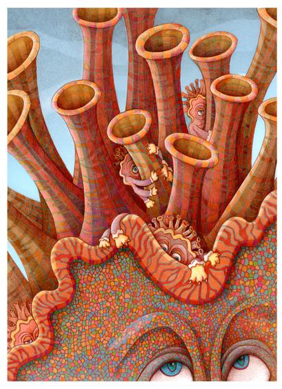 Colored pencil drawing. Vivid orange tentacles fill the space as her four wee babies hide behind them, peeking out to watch me as I create their portraits. One of them is too sleepy to pay much attention. Patient mom keeps a watchful eye on her brood as they scamper about.