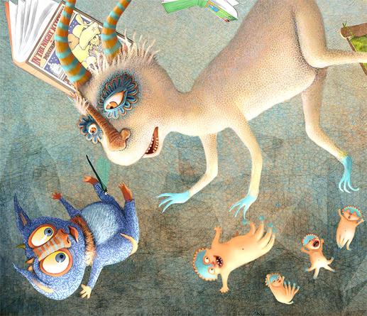 Against a light-filled, textured background, multiple monsters of all shapes and sizes glance around in surprise, as they begin to fall through the light filled space along with books and, of all things, a rocking chair...