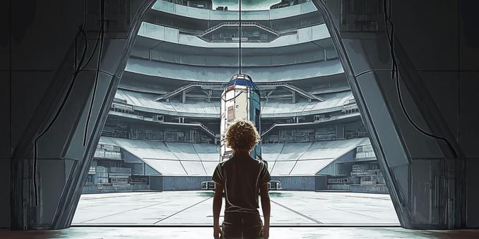 Blonde teen boy with curly hair looks up at the world's first space elevator.