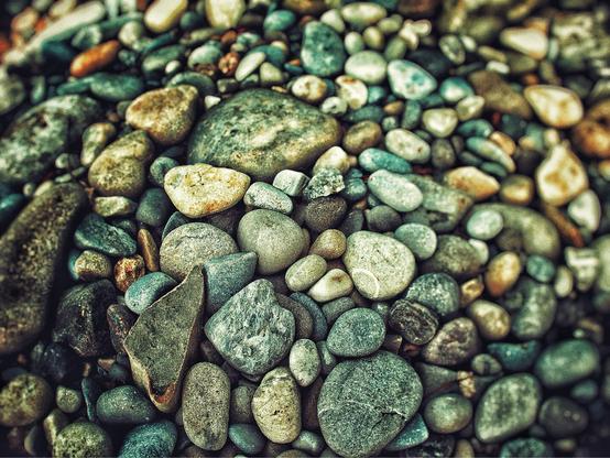 A color photo showing an overhead view of various small stones in a riverbed.