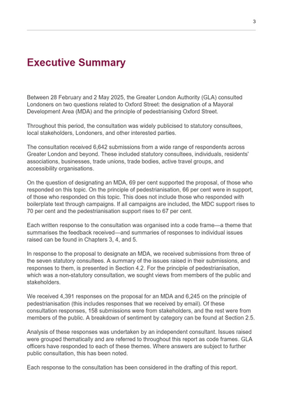 A page titled "Executive Summary" from a report by the Greater London Authority. It outlines the consultation process regarding the designation of a Mayoral Development Area (MDA) and the principle of pedestrianising Oxford Street. The text discusses the number of submissions received and the stakeholders involved in the consultation.