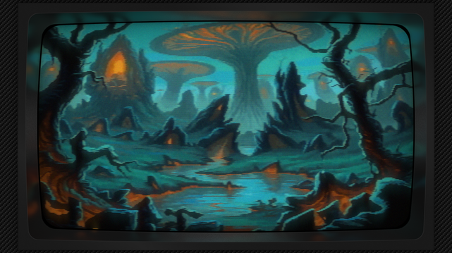 Pixel art of a world breathed into being from the heart of a forgotten sea, where colossal fungal architectures rise like petrified forests, their pale green caps veined with the secrets of ages, mirroring a still water expanse that acts as a liquid sky, swallowing the landscape in its muted teal depths. Jagged stone teeth gnaw at the water's edge, softened by a creeping moss that clings like emerald dust, while spires of dark rock pierce the horizon, fractured by the slow erosion of time. A warm orange pulse emanates from the earth’s core, spilling from the bases of structures like molten amber, illuminating a subterranean promise. Gnarled branches, the skeletal remains of a bygone vitality, drape the foreground, a curtain of dormancy drawn across the scene, while the air itself hangs heavy, a silent, viscous fluid pregnant with the weight of an alien dawn. The image has a CRT filter applied.