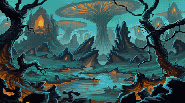 Pixel art of a world breathed into being from the heart of a forgotten sea, where colossal fungal architectures rise like petrified forests, their pale green caps veined with the secrets of ages, mirroring a still water expanse that acts as a liquid sky, swallowing the landscape in its muted teal depths. Jagged stone teeth gnaw at the water's edge, softened by a creeping moss that clings like emerald dust, while spires of dark rock pierce the horizon, fractured by the slow erosion of time. A warm orange pulse emanates from the earth’s core, spilling from the bases of structures like molten amber, illuminating a subterranean promise. Gnarled branches, the skeletal remains of a bygone vitality, drape the foreground, a curtain of dormancy drawn across the scene, while the air itself hangs heavy, a silent, viscous fluid pregnant with the weight of an alien dawn.