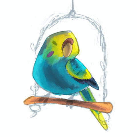 Work in progress of a digital illustration featuring a little budgie with a yellow face and blue body on a swing. It is only partly coloured.